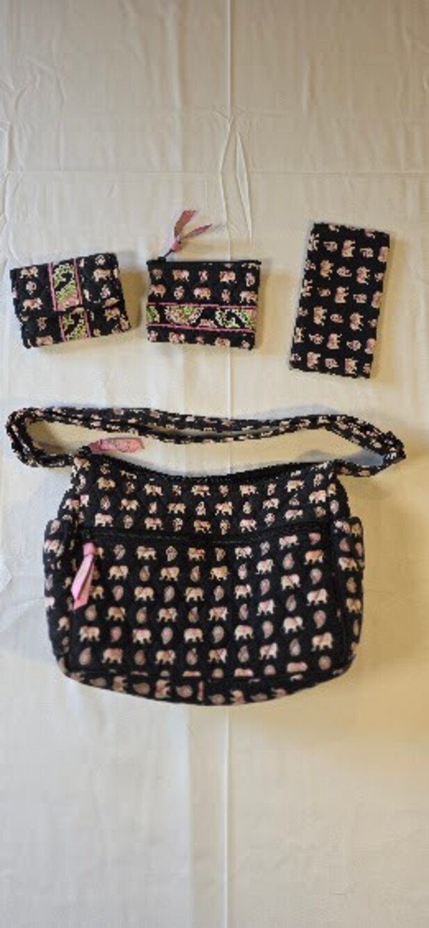 Vera Bradley Pink Elephants Quilted Cotton Shoulder Bag Wallet Set of 4